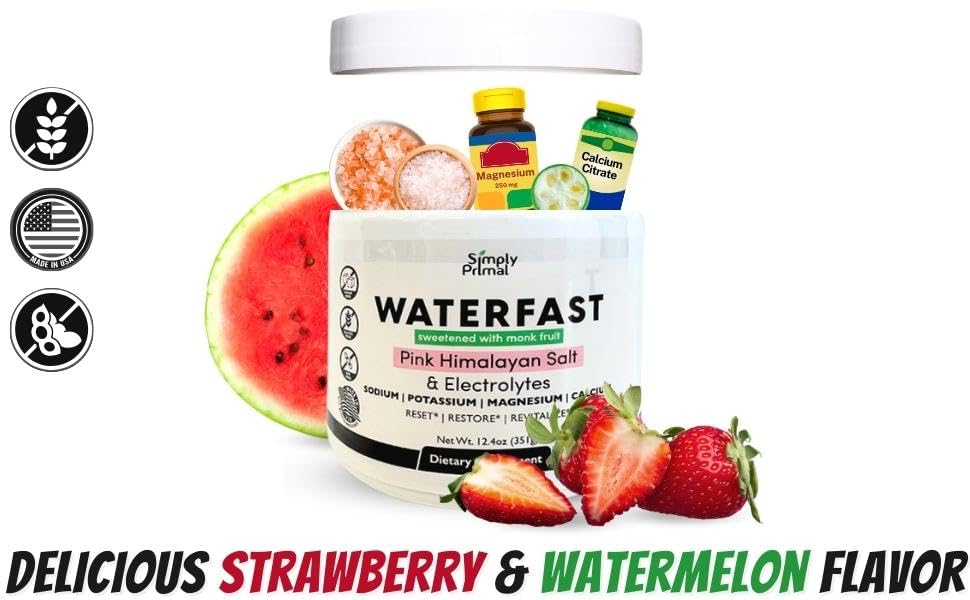 WATERFAST Keto Electrolyte Powder for Fasting and Hydration - Lemon Lime Flavor | Pink Himalayan Salt (Sodium), Potassium, Magnesium, Calcium | Sugar Free, Gluten Free, Soy Free, TCoU Recommendations from Amazon Products