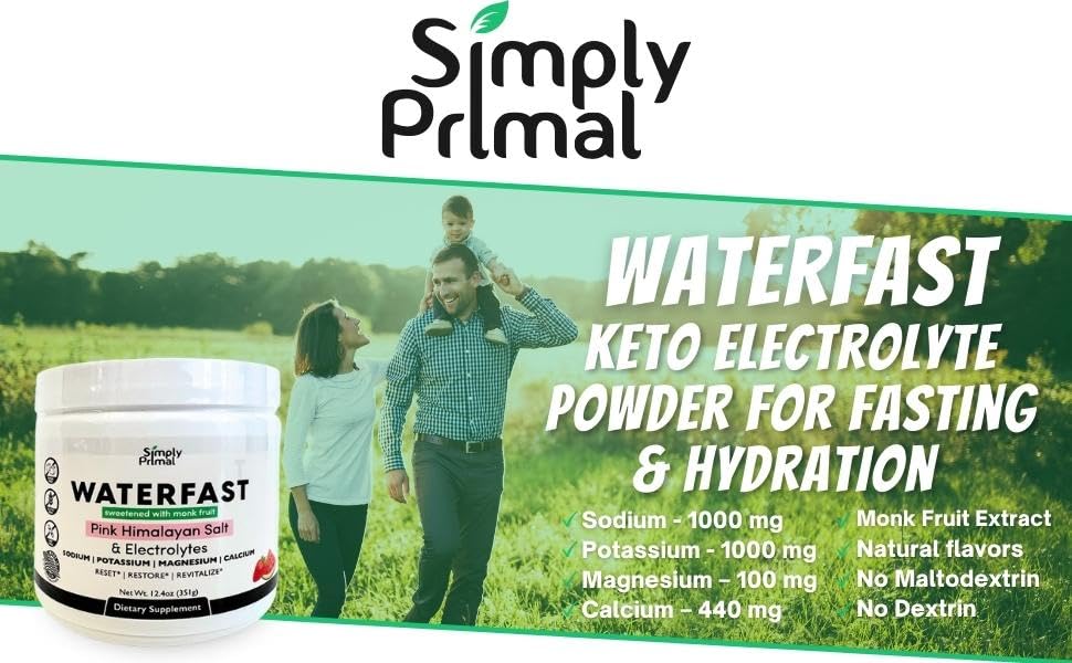 WATERFAST Keto Electrolyte Powder for Fasting and Hydration - Lemon Lime Flavor | Pink Himalayan Salt (Sodium), Potassium, Magnesium, Calcium | Sugar Free, Gluten Free, Soy Free, TCoU Recommendations from Amazon Products