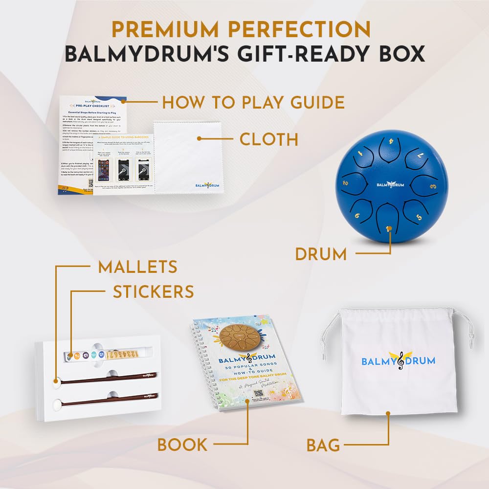 The Balmy Drum - 15 Note 14 Inch Steel Tongue Drum, Steel Drum Instrument, Drums For Children and Adults, Balmy Drum Set for Kids with Music Book, Handpan, Mallet and Carry Bag (Blue), TCoU Recommendations from Amazon Products