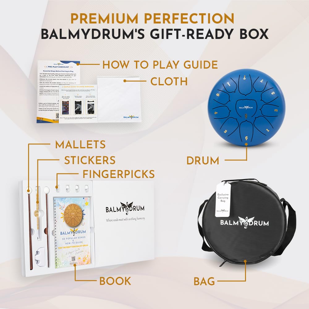 The Balmy Drum - 15 Note 14 Inch Steel Tongue Drum, Steel Drum Instrument, Drums For Children and Adults, Balmy Drum Set for Kids with Music Book, Handpan, Mallet and Carry Bag (Blue), TCoU Recommendations from Amazon Products