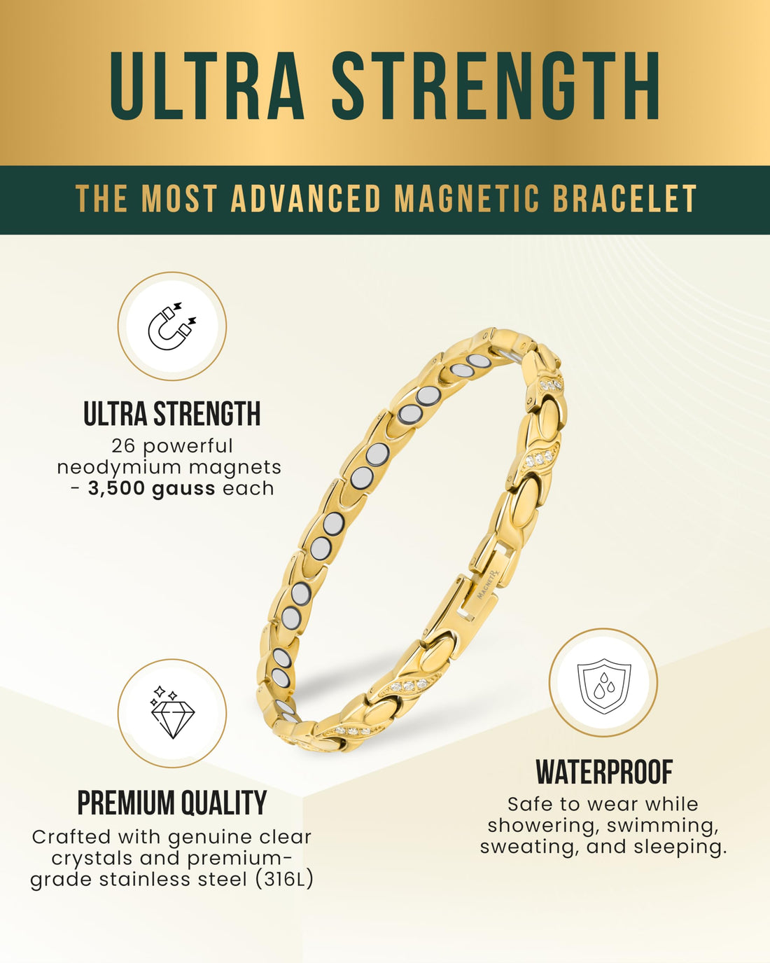 MagnetRX® Magnetic Bracelets for Women — Premium Four Leaf Clover Bracelet with Crystals and Ultra Strength Magnets — Adjustable Length with Included Sizing Tool (Gold), TCoU Recommendations from Amazon Products