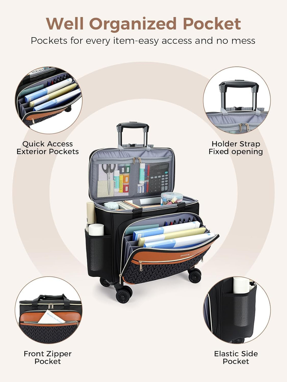 Rolling Bag with 4-Wheels 360° Spinner, Hardside Rolling Tote Work Bags for Women, Teacher, Office, Craft, Nurse, Large Roller Laptop, Briefcase, with Accordion File, Quilted Black-TCoU Recommendations from Amazon Products