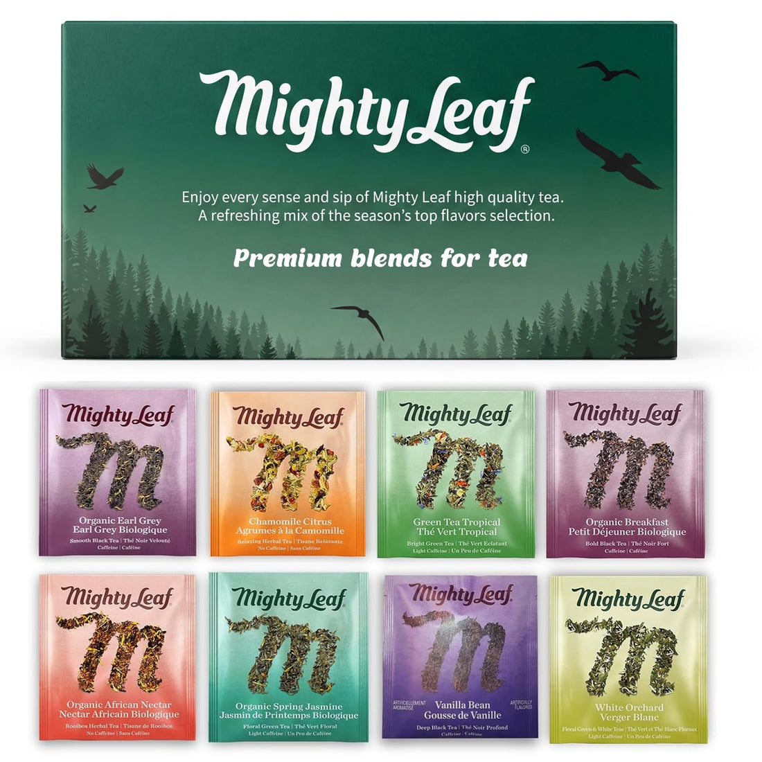 TEA--Mighty Leaf Organic Tea Sampler – 40 Count Silken Tea Bags – 8 Assorted Flavors: Tropical Green, Chamomile Citrus, Earl Grey, Vanilla Bean, White Orchard, Breakfast, Spring Jasmine, African Nectar – TCoU Recommendations from Amazon Products