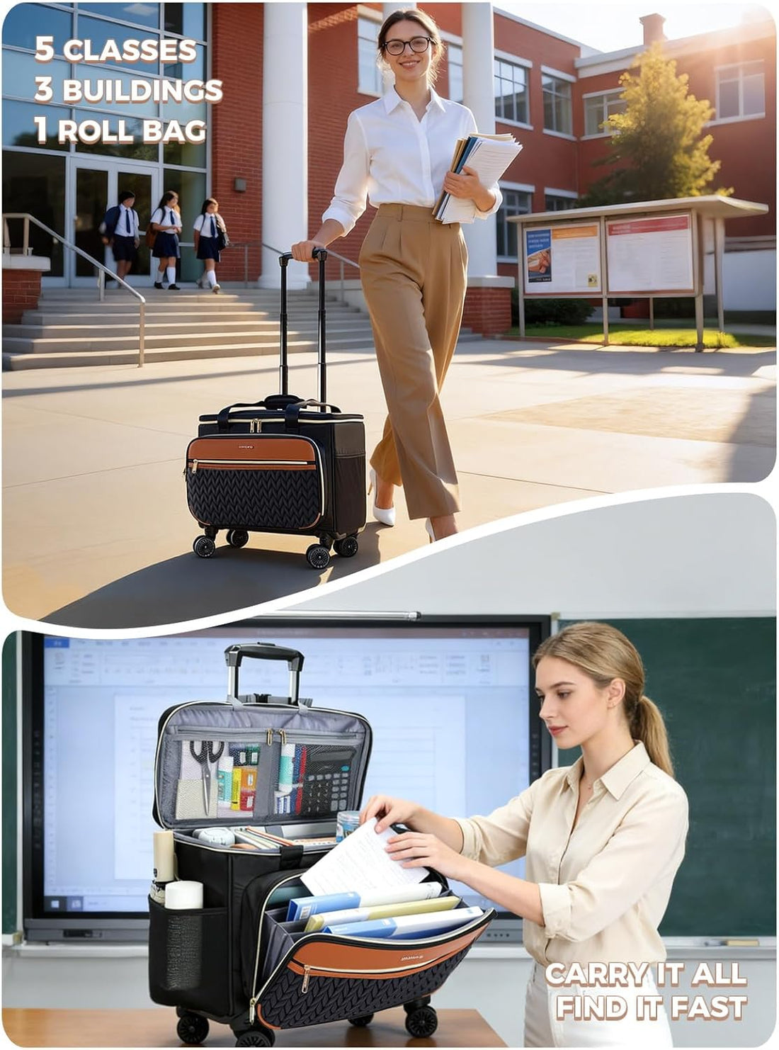 Rolling Bag with 4-Wheels 360° Spinner, Hardside Rolling Tote Work Bags for Women, Teacher, Office, Craft, Nurse, Large Roller Laptop, Briefcase, with Accordion File, Quilted Black-TCoU Recommendations from Amazon Products
