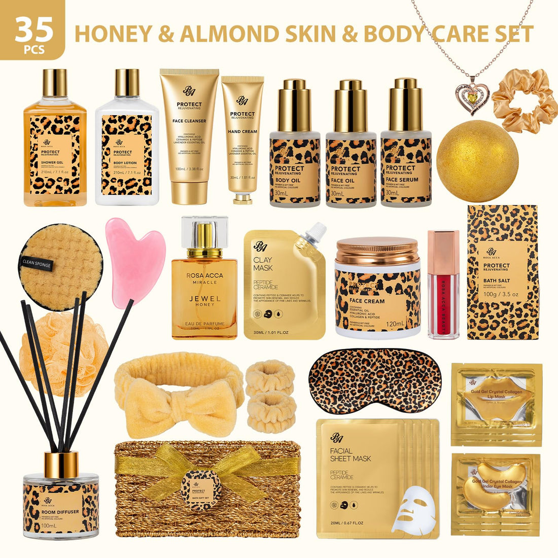 Gift Basket --35 Pcs Mothers Day - Gifts for Mom, Honey & Almond Bath & Body Gift Basket for Women, Face Skin Care Kit, Home Spa Basket Gift Set, Self-Care Gift Kit, Necklace, Birthday, Anniversary, Wife, TCoU Recommendations from Amazon Products