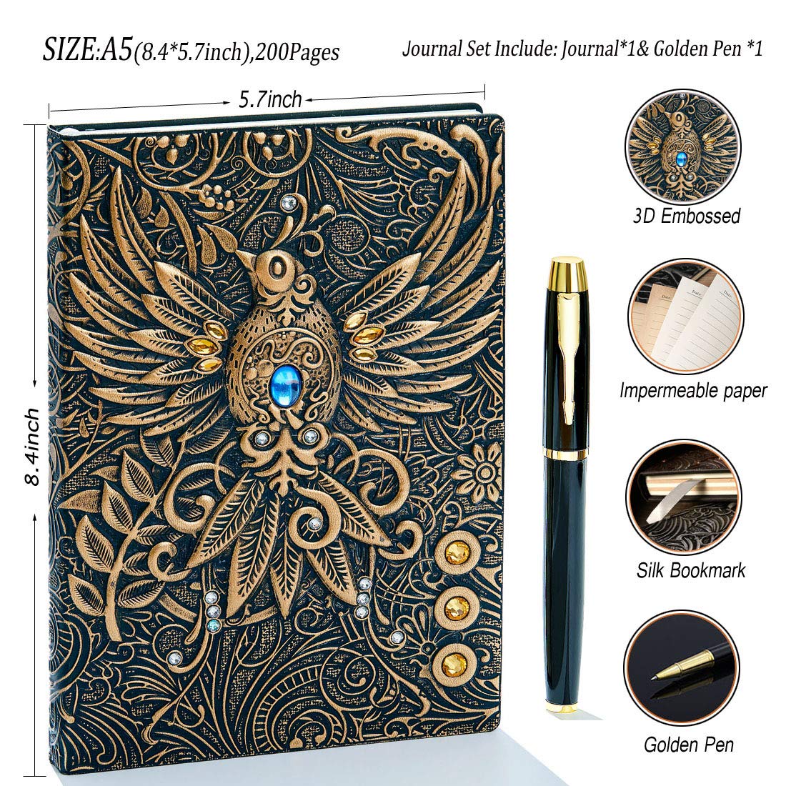 Journal Writing Embossed Leather Notebook - Antique Handmade Leather Daily Notepad Sketchbook, Travel Diary & Notebooks to Write in, Phoenix Gift For Men & Women, with Golden Classic Pen, (Bronze), TCoU Recommendations from Amazon Products