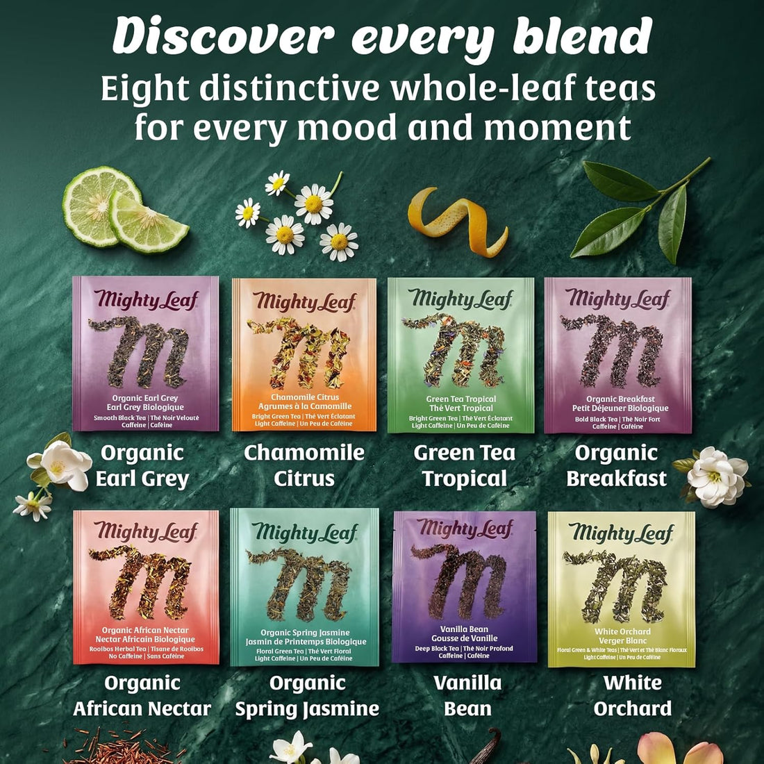 TEA--Mighty Leaf Organic Tea Sampler – 40 Count Silken Tea Bags – 8 Assorted Flavors: Tropical Green, Chamomile Citrus, Earl Grey, Vanilla Bean, White Orchard, Breakfast, Spring Jasmine, African Nectar – TCoU Recommendations from Amazon Products