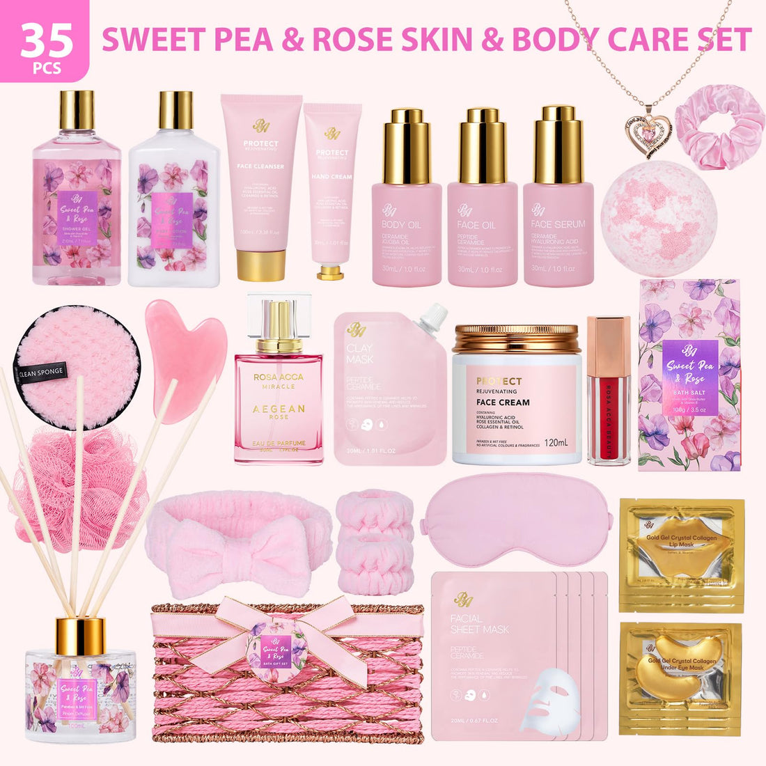 Gift Basket --35 Pcs Mothers Day - Gifts for Mom, Honey & Almond Bath & Body Gift Basket for Women, Face Skin Care Kit, Home Spa Basket Gift Set, Self-Care Gift Kit, Necklace, Birthday, Anniversary, Wife, TCoU Recommendations from Amazon Products