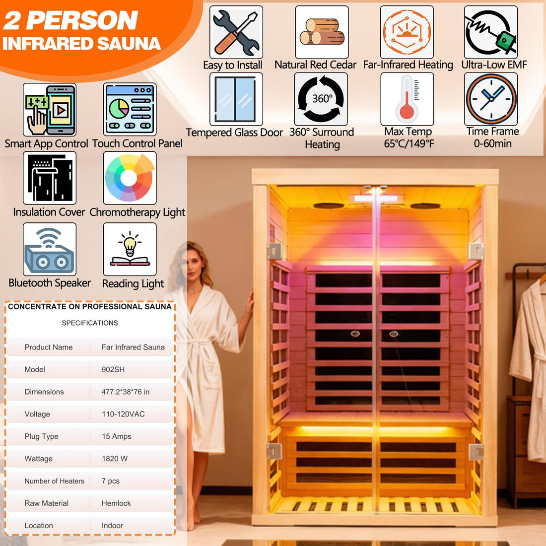 Home Sauna--Smart APP Control 2-3 Person Ultra Low EMF (0-5mG) Far Infrared Sauna for Home, 1520W Hemlock Wood Sauna Room with Bluetooth Speaker & Chromotherapy Lights, LCD Touch Panel, Constant Temperature Cover-TCoU Recommendations from Amazon Products