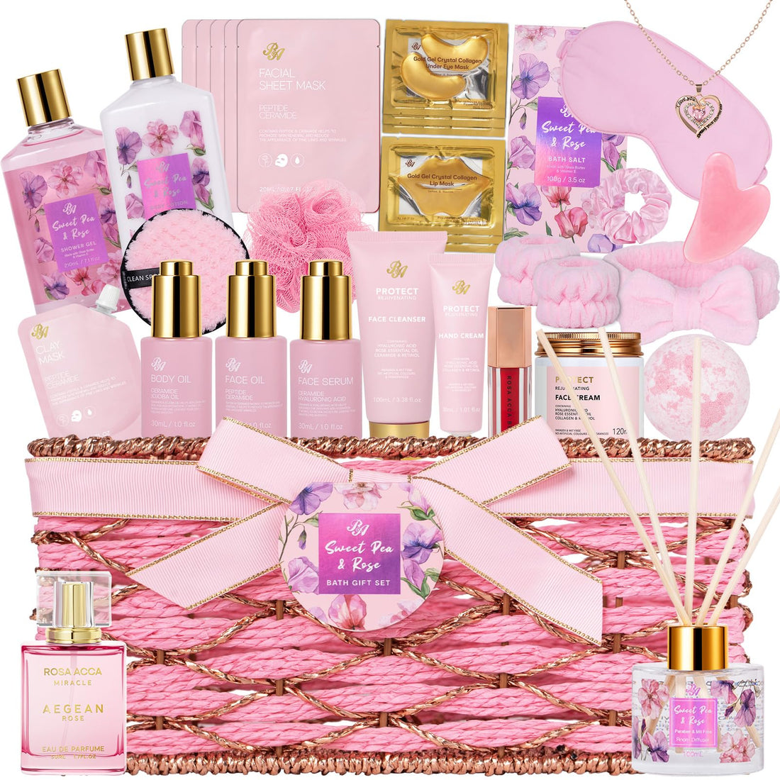 Gift Basket --35 Pcs Mothers Day - Gifts for Mom, Honey & Almond Bath & Body Gift Basket for Women, Face Skin Care Kit, Home Spa Basket Gift Set, Self-Care Gift Kit, Necklace, Birthday, Anniversary, Wife, TCoU Recommendations from Amazon Products