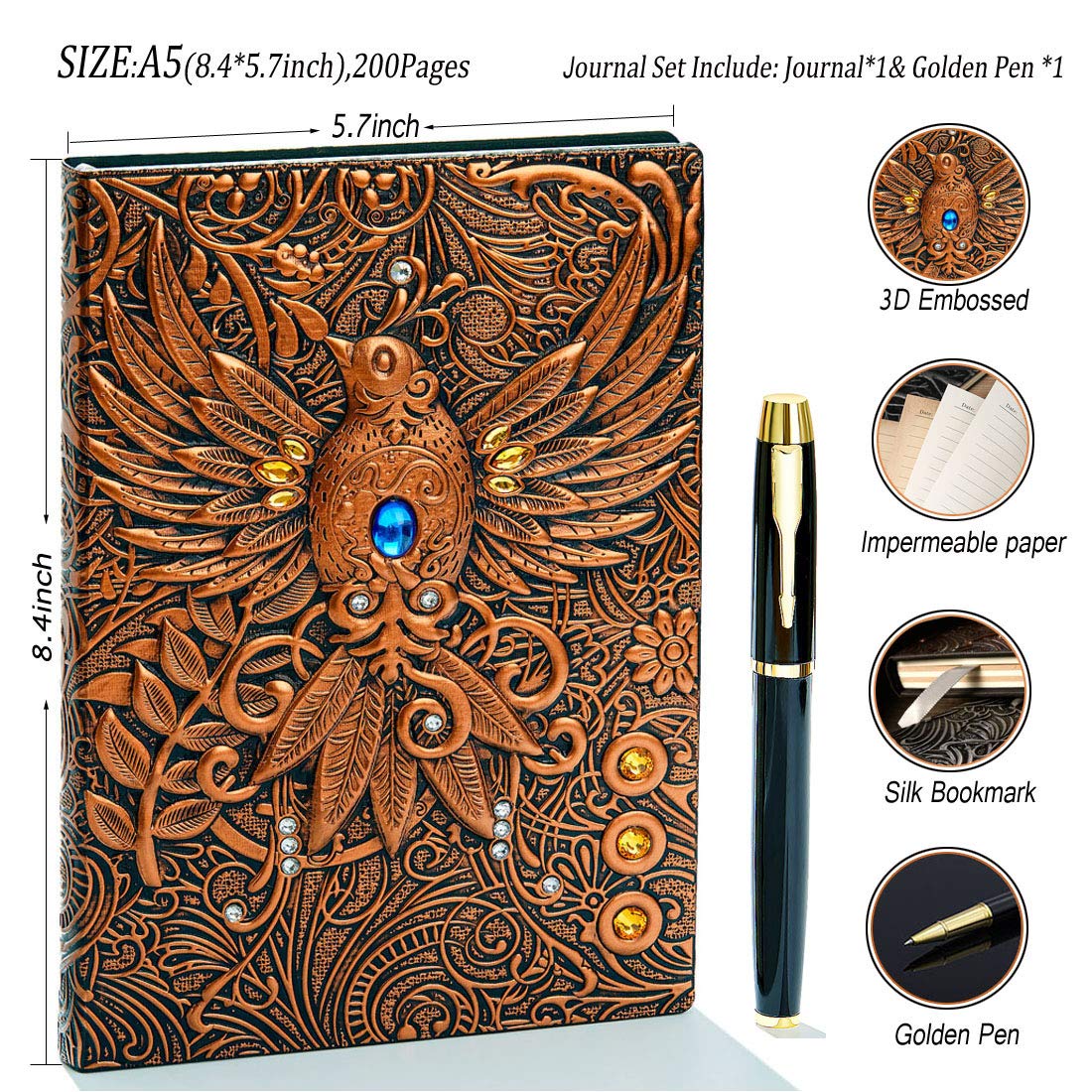 Journal Writing Embossed Leather Notebook - Antique Handmade Leather Daily Notepad Sketchbook, Travel Diary & Notebooks to Write in, Phoenix Gift For Men & Women, with Golden Classic Pen, (Bronze), TCoU Recommendations from Amazon Products