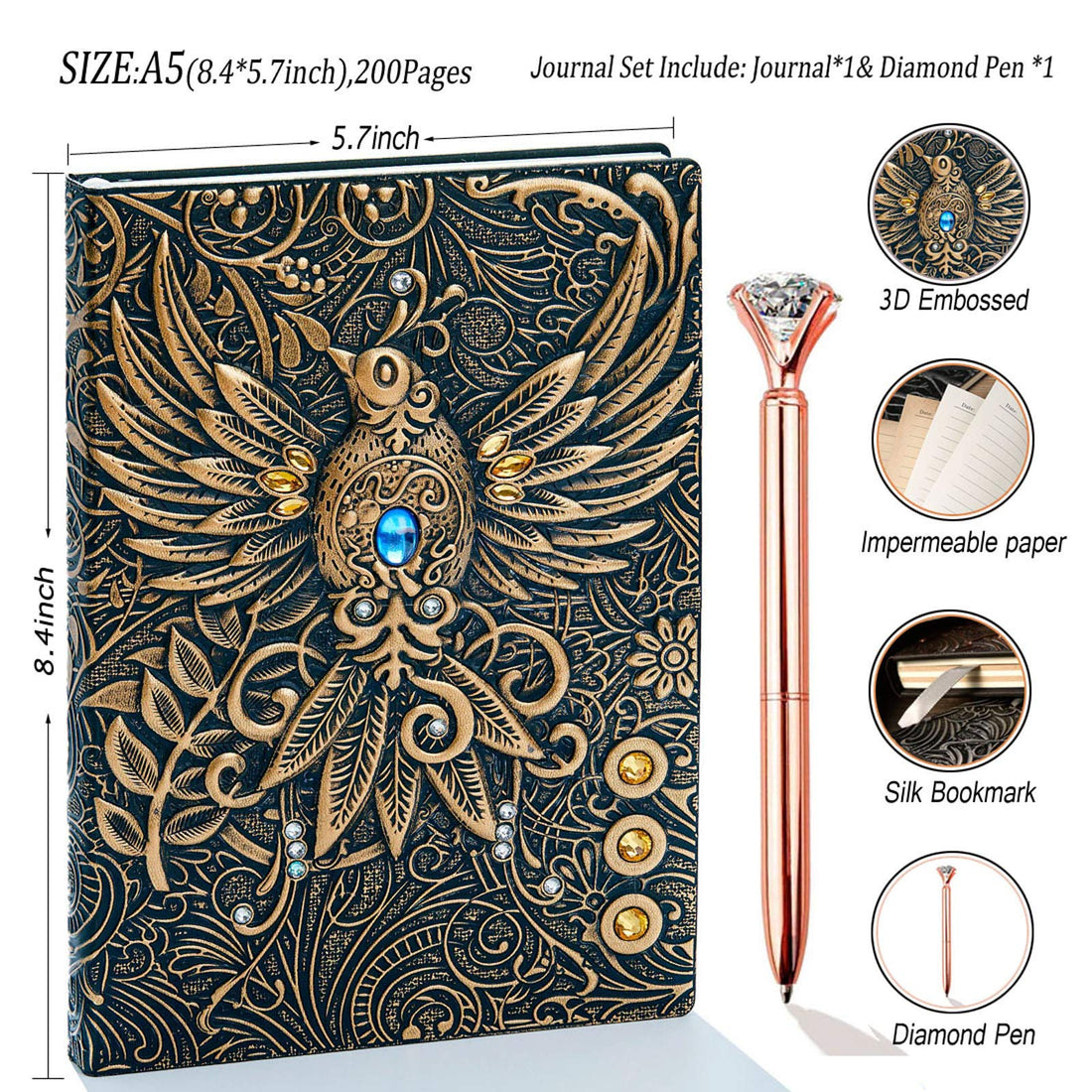 Journal Writing Embossed Leather Notebook - Antique Handmade Leather Daily Notepad Sketchbook, Travel Diary & Notebooks to Write in, Phoenix Gift For Men & Women, with Golden Classic Pen, (Bronze), TCoU Recommendations from Amazon Products