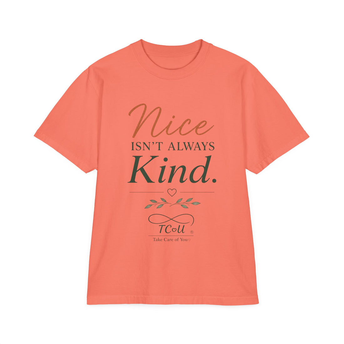 Coral t-shirt with motivational quote on a gray background